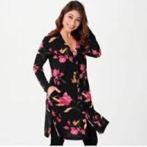 Susan Graver Black Pink Long Sweater Cardigan Duster Liquid Knit Colorful Floral